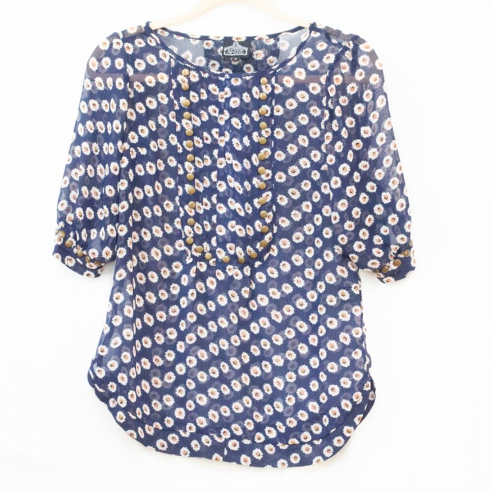 Angie Boho Sheer Top Navy White Daisy Print Studded 3/4 Sleeves Prairie Sz S